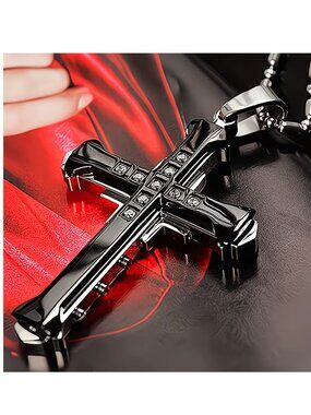Necklace Cross Pendant Necklace Black & Silver Men's Rugged Edgy Crucifix